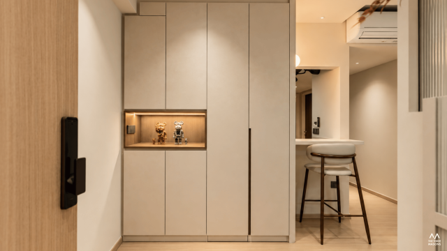 115 Compassvale 115 Compassvale HDB kitchen and dining area with light wood cabinetry and a minimalist dining table