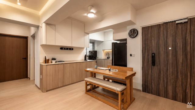 141A McNair 141A McNair HDB kitchen with light cabinetry, a wood countertop and a compact dining area