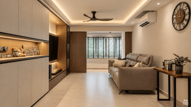 171 Ang Mo Kio 171 Ang Mo Kio HDB living room with a neutral sofa, wood feature wall and ceiling fan