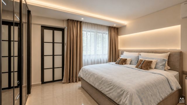 171 Ang Mo Kio 171 Ang Mo Kio HDB bedroom with a neutral upholstered bed, curtains and a ceiling fan