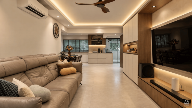 171 Ang Mo Kio 171 Ang Mo Kio HDB open-plan kitchen and dining area with wood cabinetry and a contemporary dining table