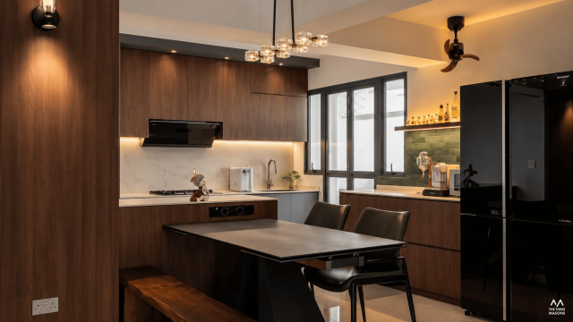 372B Woodlands 372B Woodlands HDB kitchen and dining area with dark wood cabinetry and a contemporary dining table