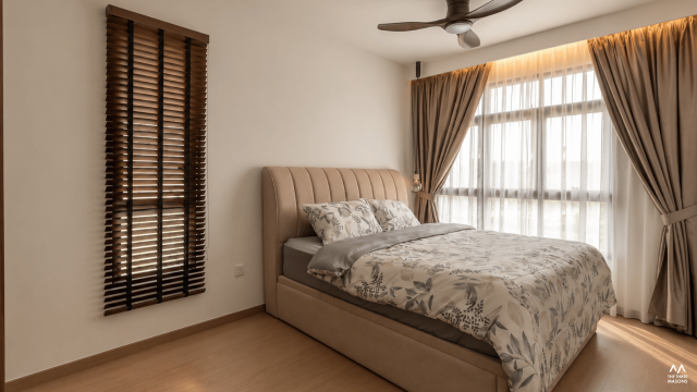 372B Woodlands 372B Woodlands HDB bedroom with a beige upholstered bed and warm neutral finishes