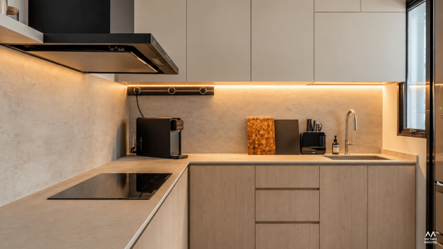 442A Northshore 442A Northshore HDB kitchen with a light wood backsplash and minimalist built-in cabinets