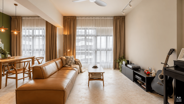 448B Punggol 448B Punggol HDB living room with a caramel leather sofa, light curtains and natural lighting