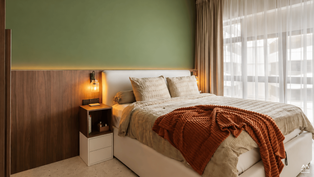448B Punggol 448B Punggol HDB bedroom with a green feature wall, wood wall panelling and warm bedside lighting