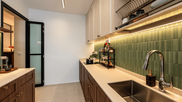 451A Bukit Batok 451A Bukit Batok HDB kitchen with green backsplash tiles and a wood countertop