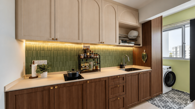 451A Bukit Batok 451A Bukit Batok HDB kitchen with light wood cabinets and a green tiled backsplash