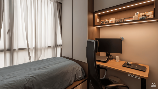 65 Copen Grand 65 Copen Grand condominium study area with a built-in desk, shelving and warm wood finishes