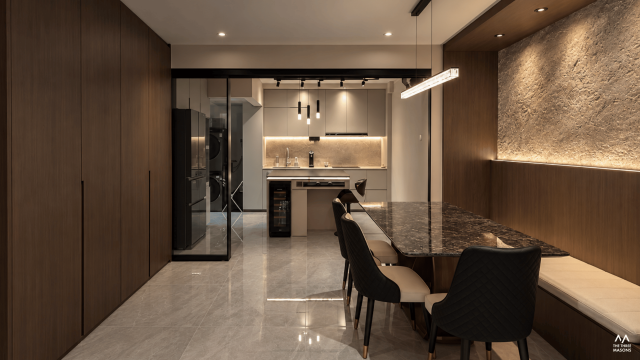 704 Choa Chu Kang 704 Choa Chu Kang HDB kitchen with dark cabinetry and warm under-cabinet lighting
