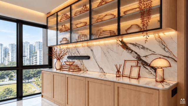 71 Tampines 71 Tampines HDB kitchen with a marble-look backsplash, wood cabinetry and integrated lighting