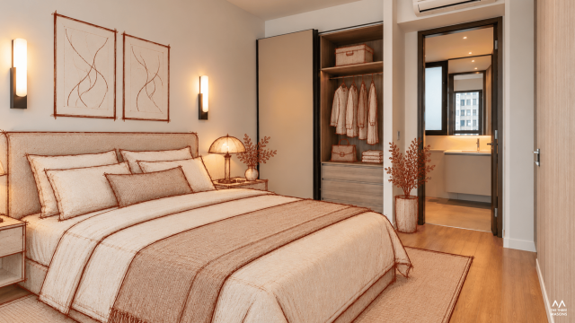 71 Tampines 71 Tampines HDB bedroom with a neutral upholstered bed and warm wood finishes