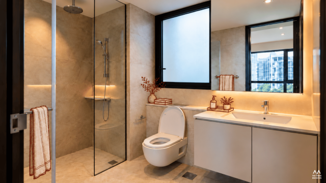 71 Tampines 71 Tampines HDB bathroom with stone-look wall tiles and a minimalist vanity